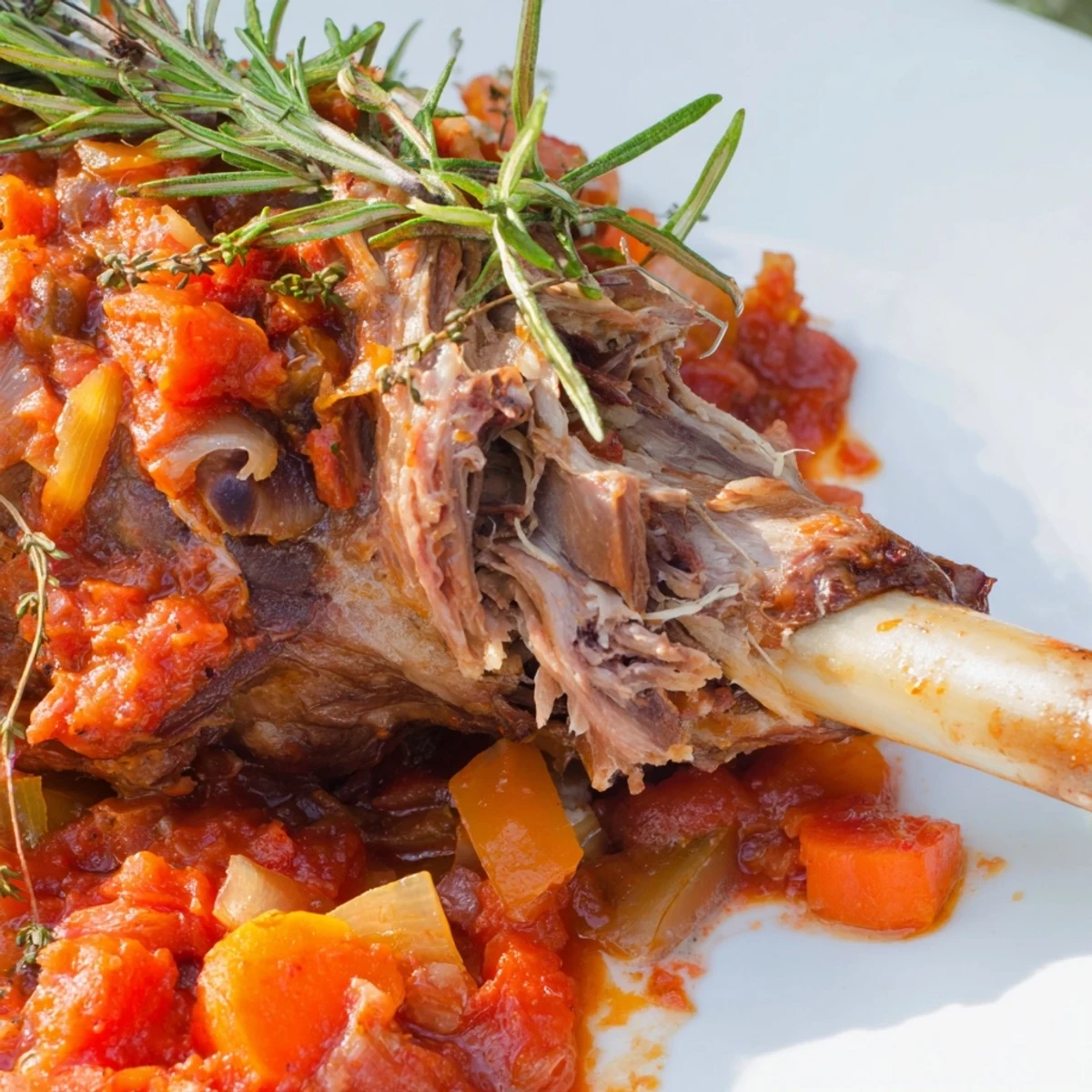 Fork-tender Slow Cooked Lamb Shanks in Tomato Herb Sauce glistening on a plate, with rich sauce pooled around, ready to enjoy.
