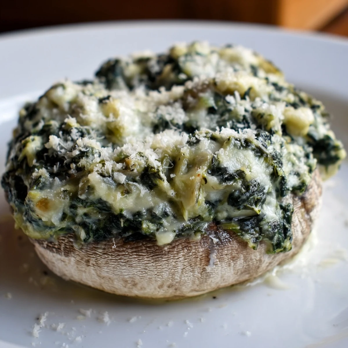 Freshly baked Cheesy Spinach and Artichoke Stuffed Mushrooms with golden Parmesan topping on a rustic wooden board.