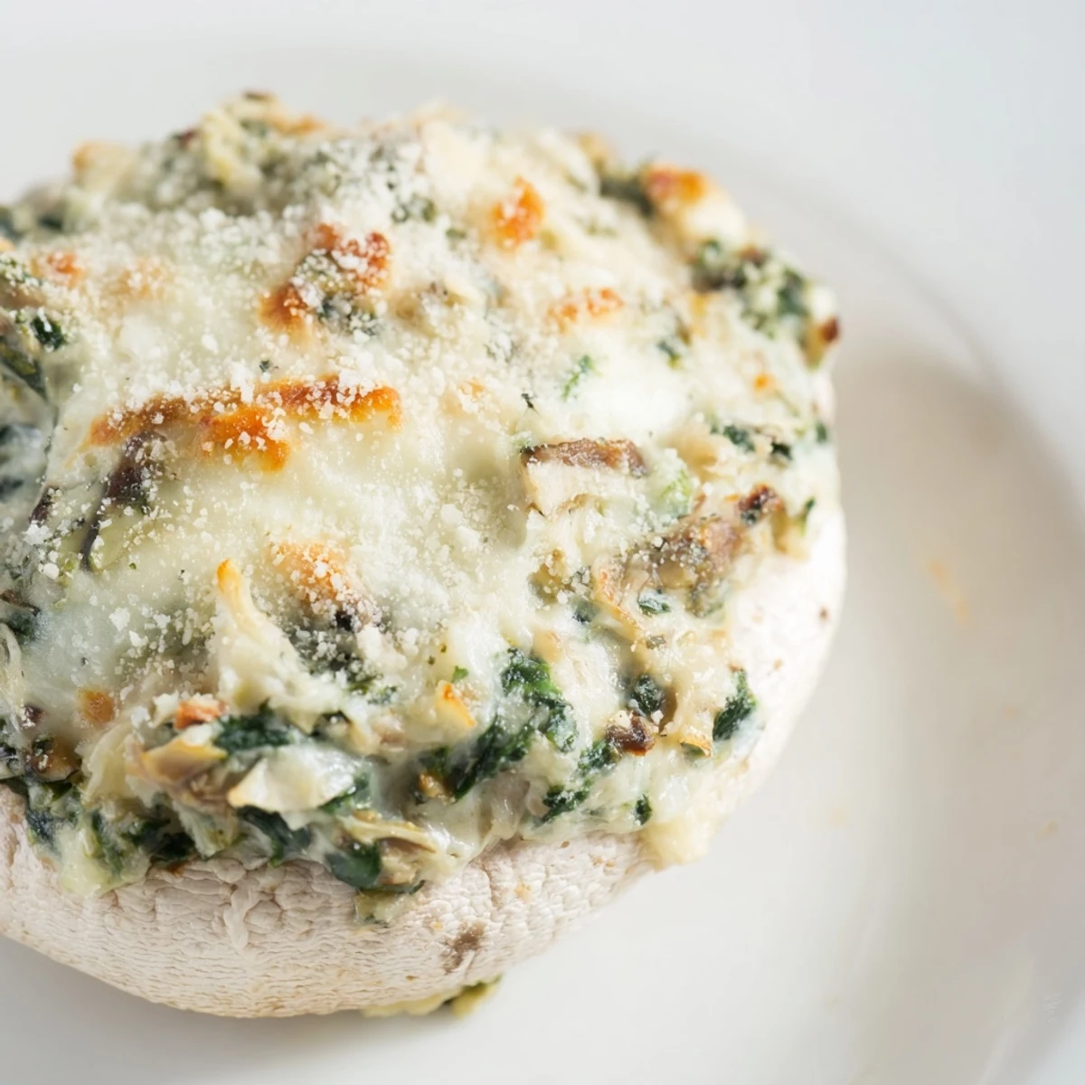 Baked Cheesy Spinach and Artichoke Stuffed Mushrooms paired with a glass of crisp white wine on a table.