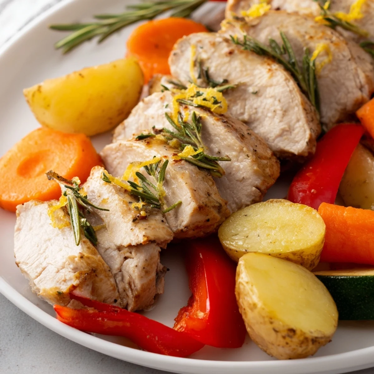 Golden-brown Sheet Pan Lemon Herb Turkey Breast with Veggies, sliced and served alongside roasted carrots and potatoes.
