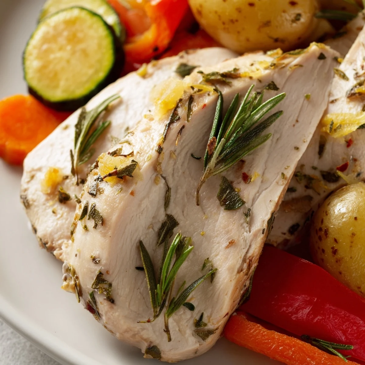 Fork-tender Sheet Pan Lemon Herb Turkey Breast with Veggies resting on a sheet pan, garnished with fresh thyme.