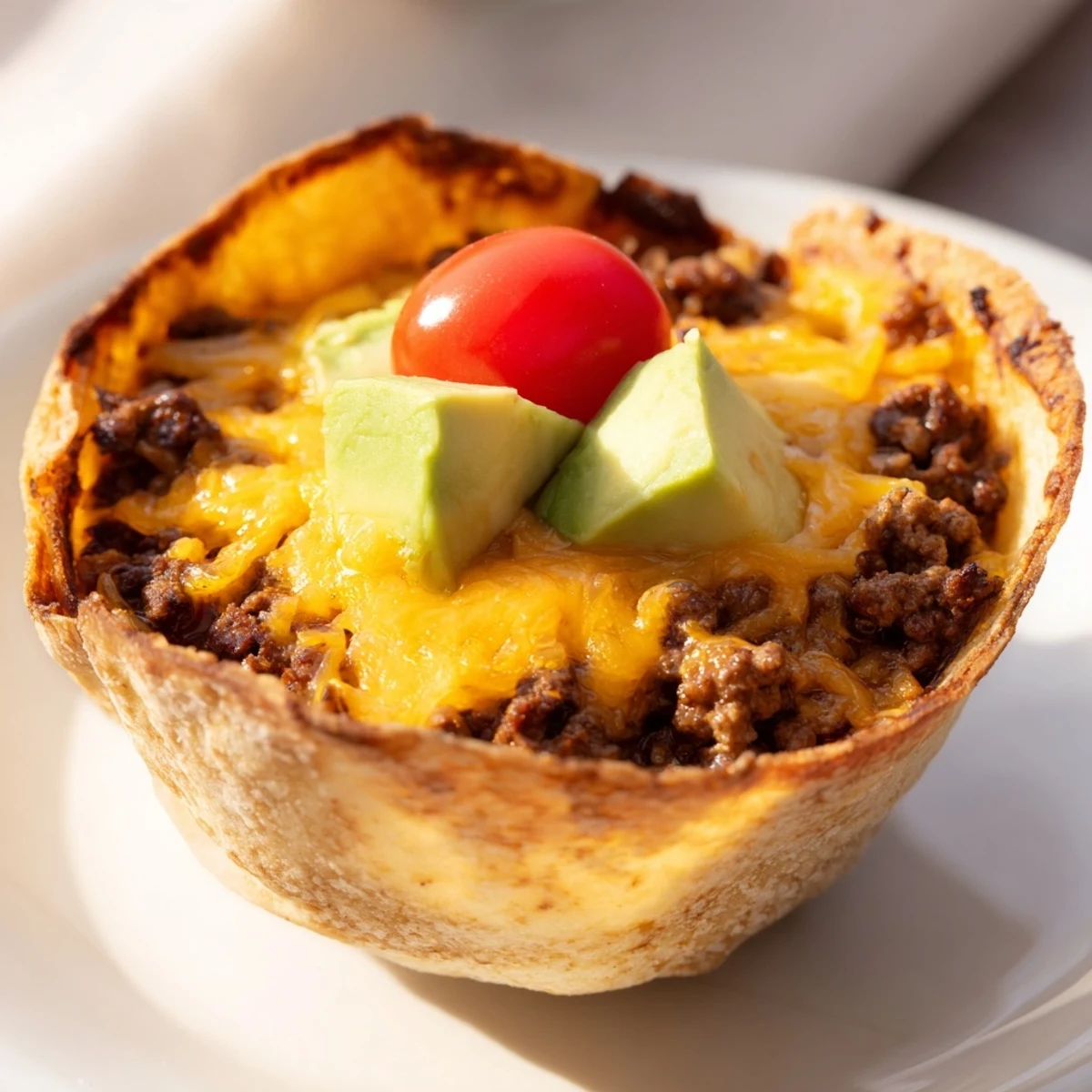 Golden brown tortilla bowl filled with seasoned ground beef, black beans, corn, and fresh lettuce for a Beef Taco Salad.