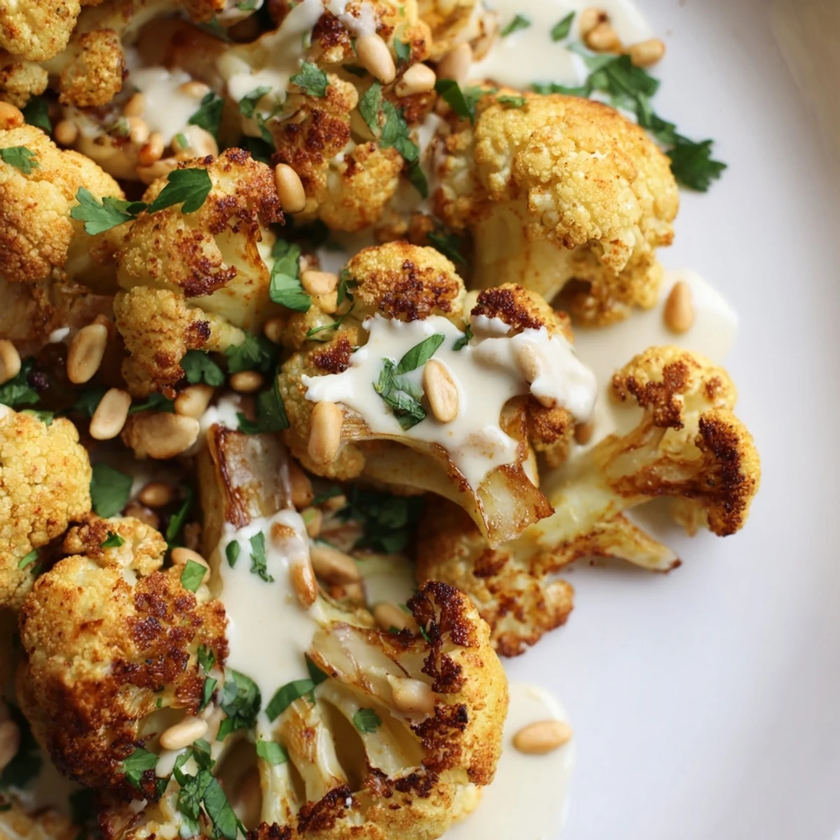 Golden-brown whole roasted cauliflower with tahini drizzle garnished with parsley and lemon wedges.
