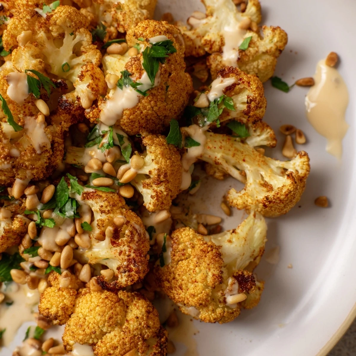 Creamy lemon tahini sauce is generously poured over the tender, spice-roasted cauliflower centerpiece.