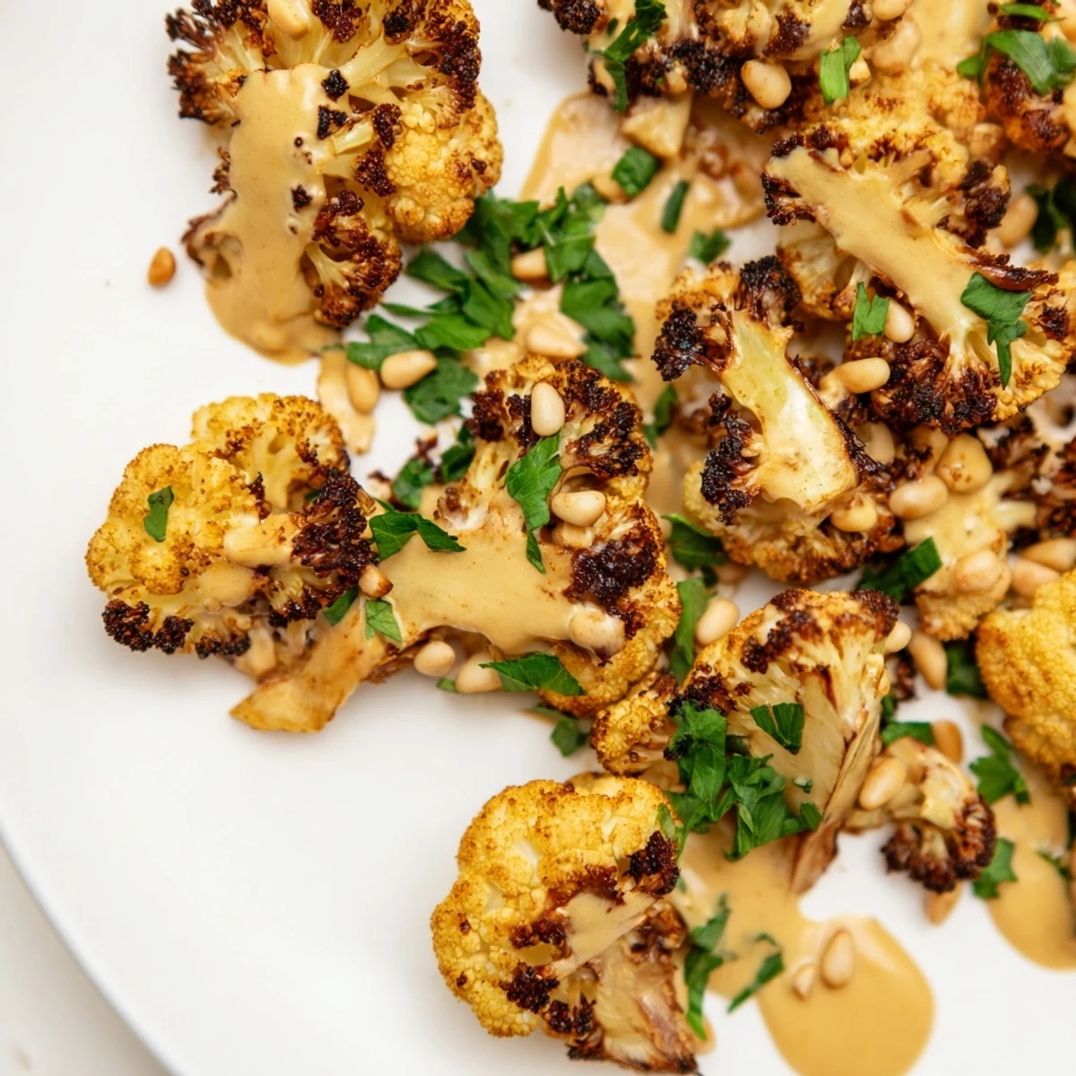 Served on a rustic plate, this vegan main dish features toasted pine nuts and fresh herbs.