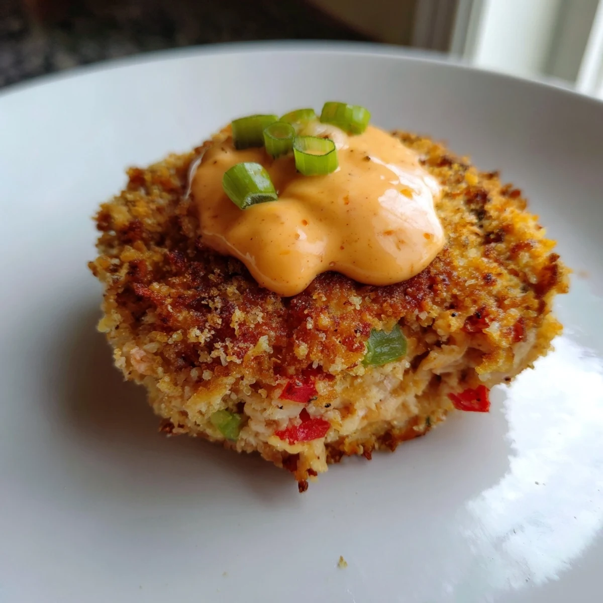 Savory Spicy Tuna Cakes with Sriracha Mayo sit on a wooden board, highlighting their crunchy panko crust and vibrant red bell pepper flecks.