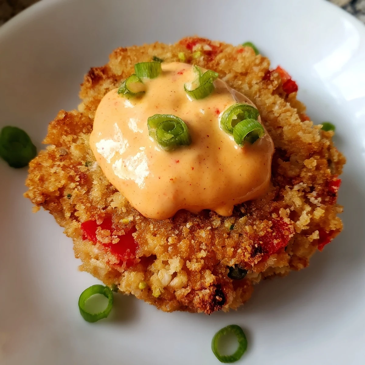Close-up of golden Spicy Tuna Cakes with Sriracha Mayo, showing juicy interiors and a creamy orange dipping sauce drizzled over the top.