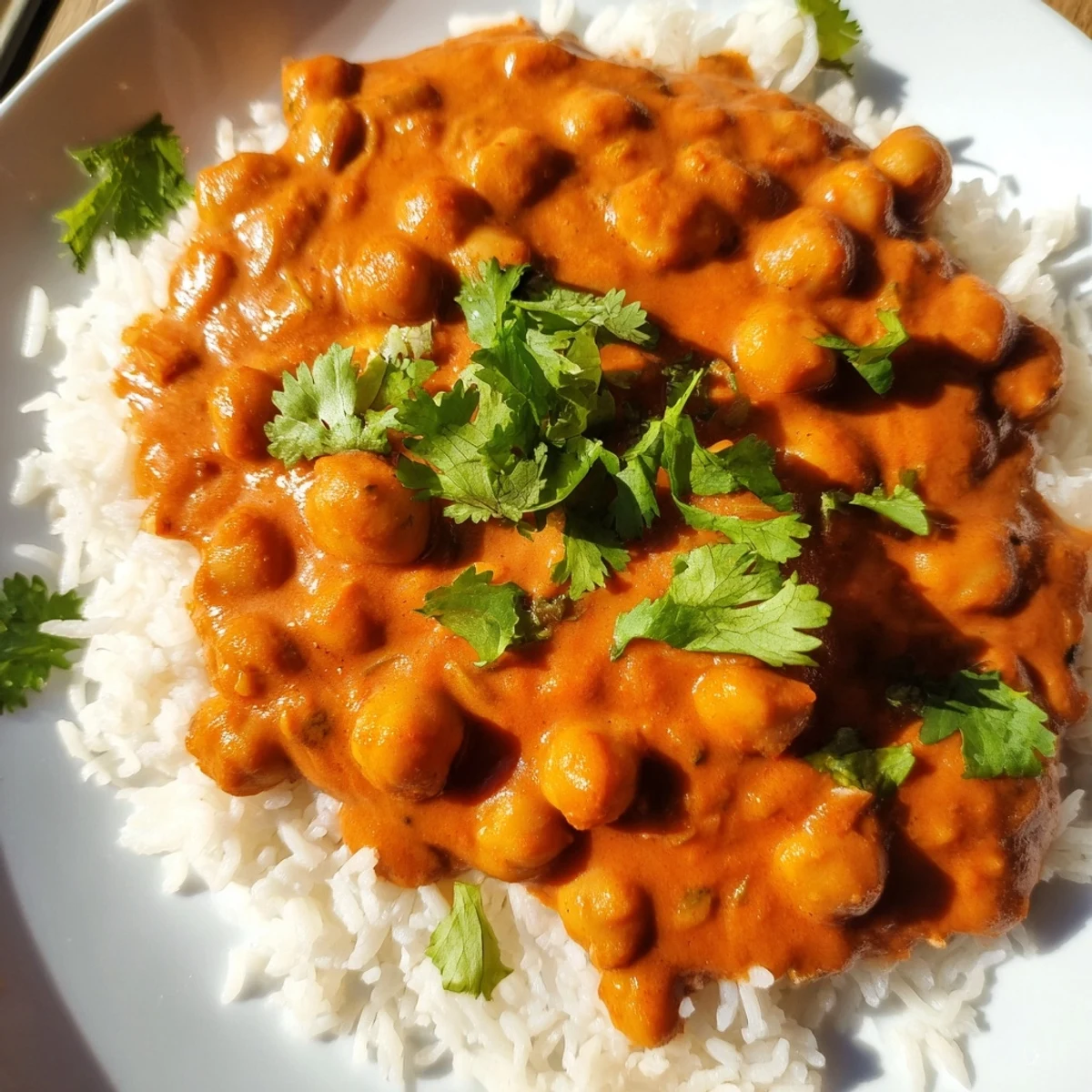 A close-up of creamy Vegan Chickpea Tikka Masala with Basmati Rice, garnished with fresh cilantro, highlighting the rich, spiced tomato-coconut sauce.