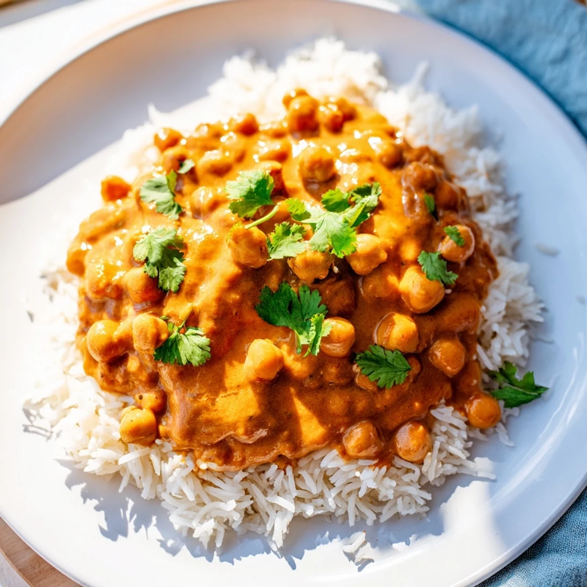 Overhead view of Vegan Chickpea Tikka Masala with fluffy Basmati Rice, served alongside vegan naan on a rustic wooden table for a cozy dinner.