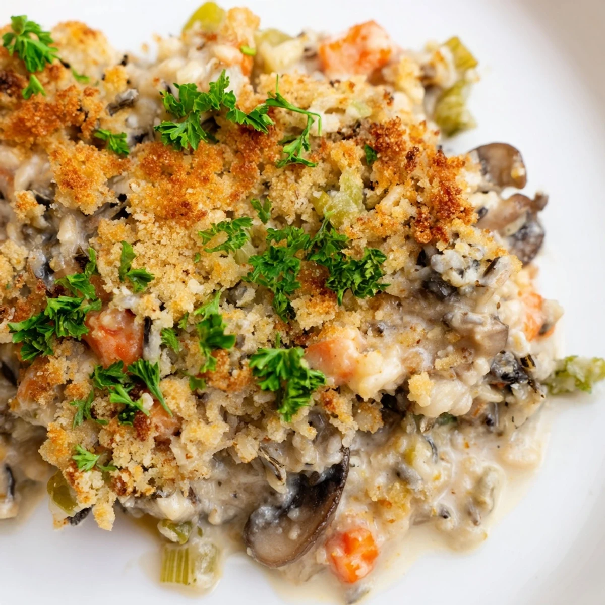 Spoonful of Creamy Mushroom and Wild Rice Casserole reveals tender grains, sautéed veggies, and luscious creamy texture ready to serve.