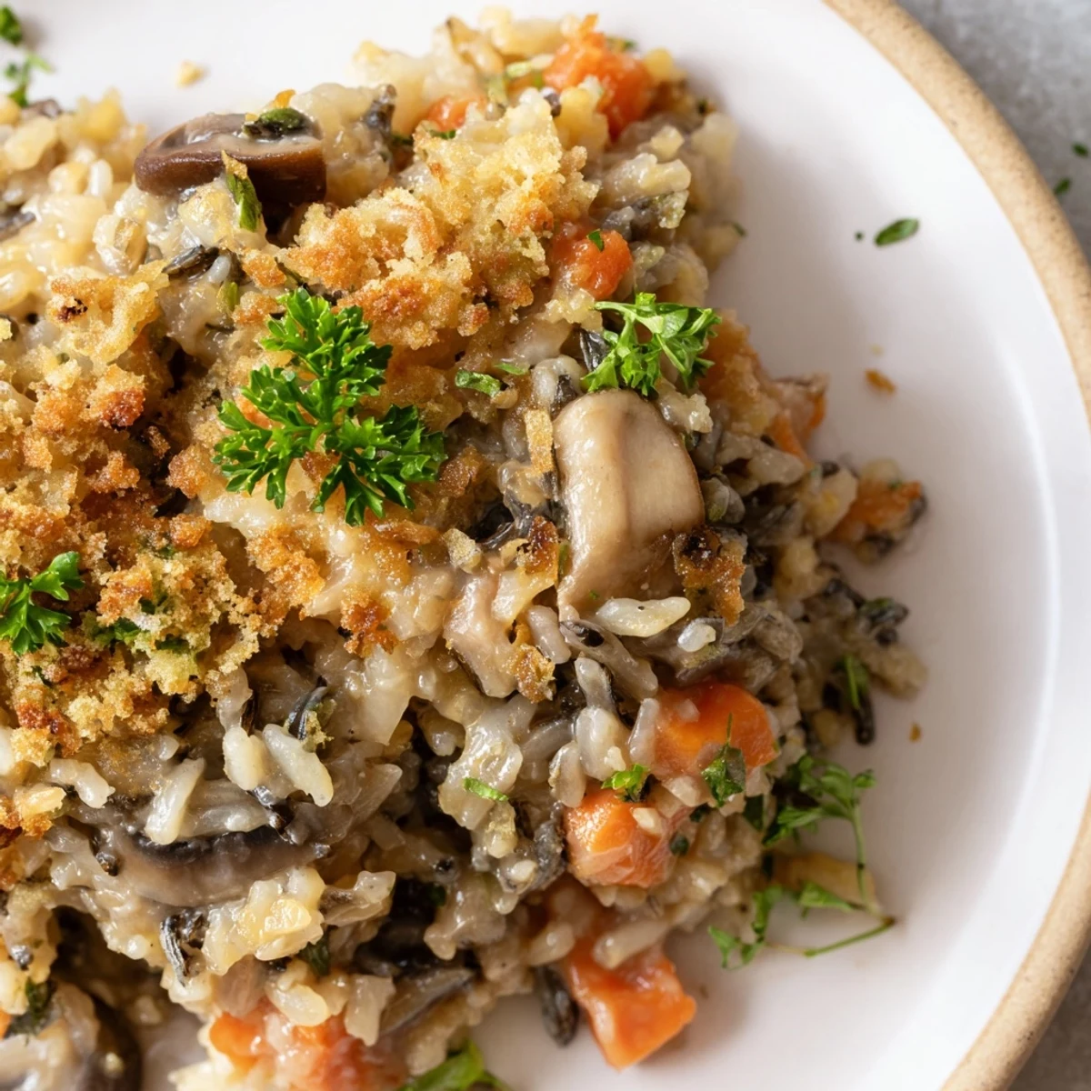 Fresh parsley garnishes Creamy Mushroom and Wild Rice Casserole, highlighting the golden panko crust and hearty mushroom filling.