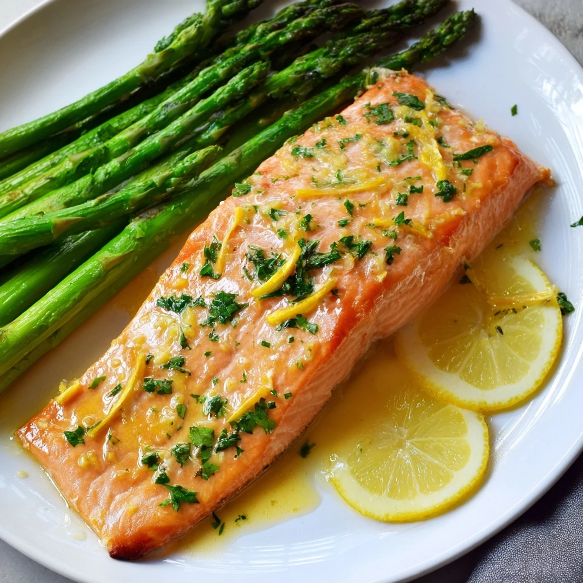 Golden-baked Lemon Garlic Butter Salmon with roasted asparagus on a baking sheet, glistening with buttery lemon sauce and fresh herbs.