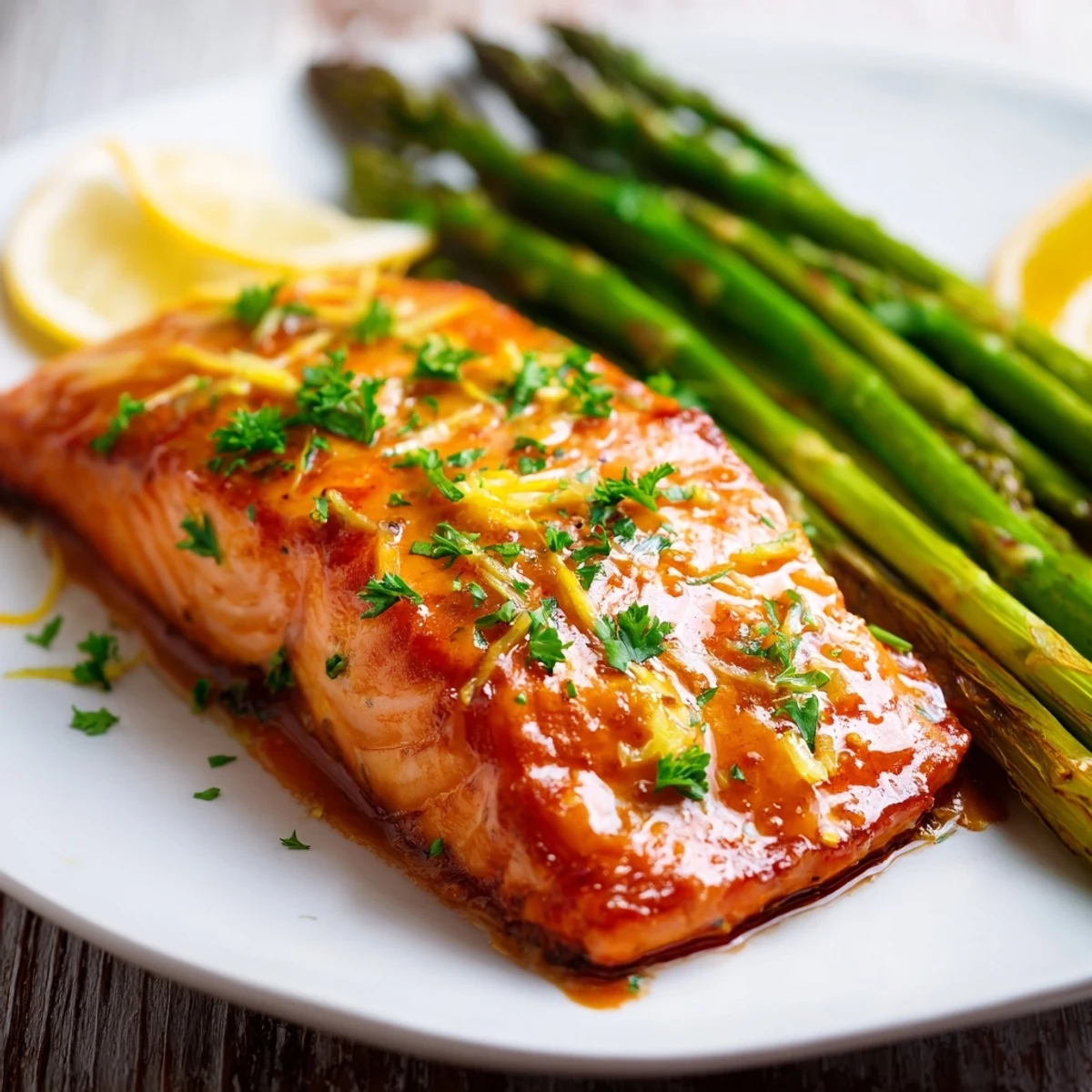 Perfectly flaky Lemon Garlic Butter Salmon with roasted asparagus, garnished with lemon wedges and parsley, ready for a healthy dinner.