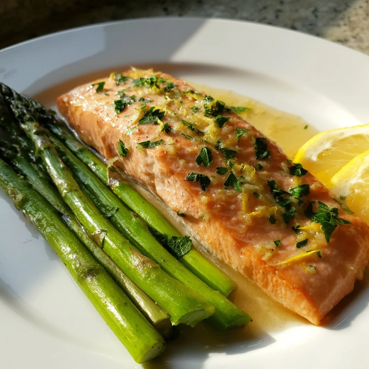 Easy weeknight Lemon Garlic Butter Salmon with tender roasted asparagus, drizzled with garlic butter and lemon zest, served warm.