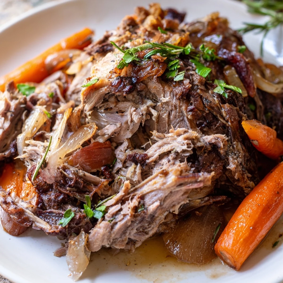 Golden-brown Slow Cooked Lamb Shoulder shredded on a platter, ready for family-style dining.