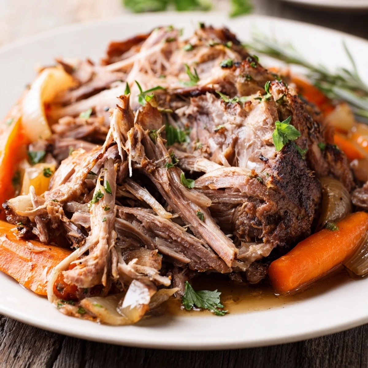 Fragrant rosemary and garlic Slow Cooked Lamb Shoulder resting with roasted carrots and onions.