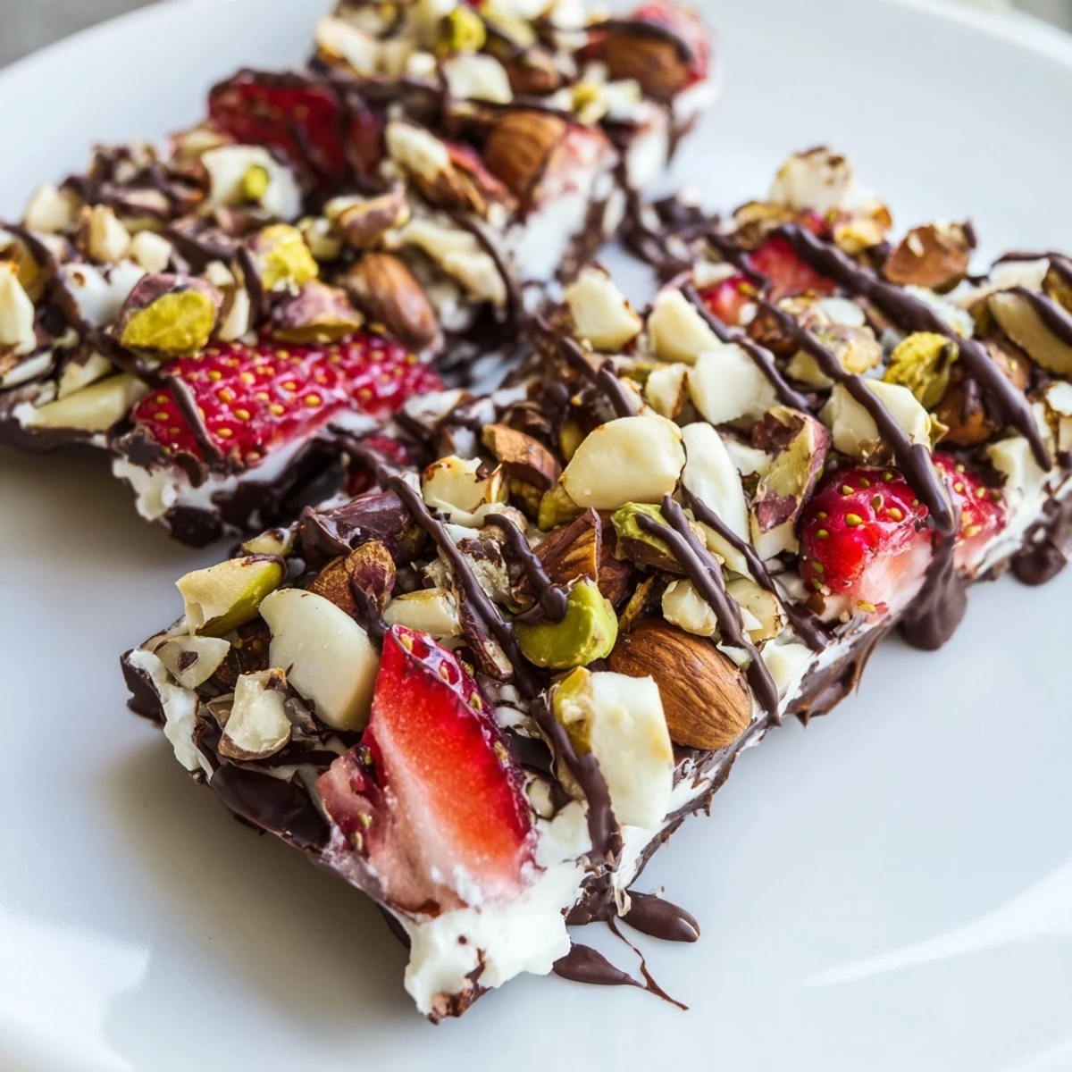 Chocolate Covered Strawberry Yogurt Bark with Nuts freezes into a crisp, creamy dessert bar with sweet berries and crunchy nuts.