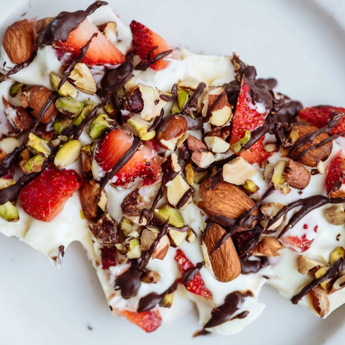 A close-up of frozen Chocolate Covered Strawberry Yogurt Bark with Nuts, showing drizzled dark chocolate and fresh strawberry slices.