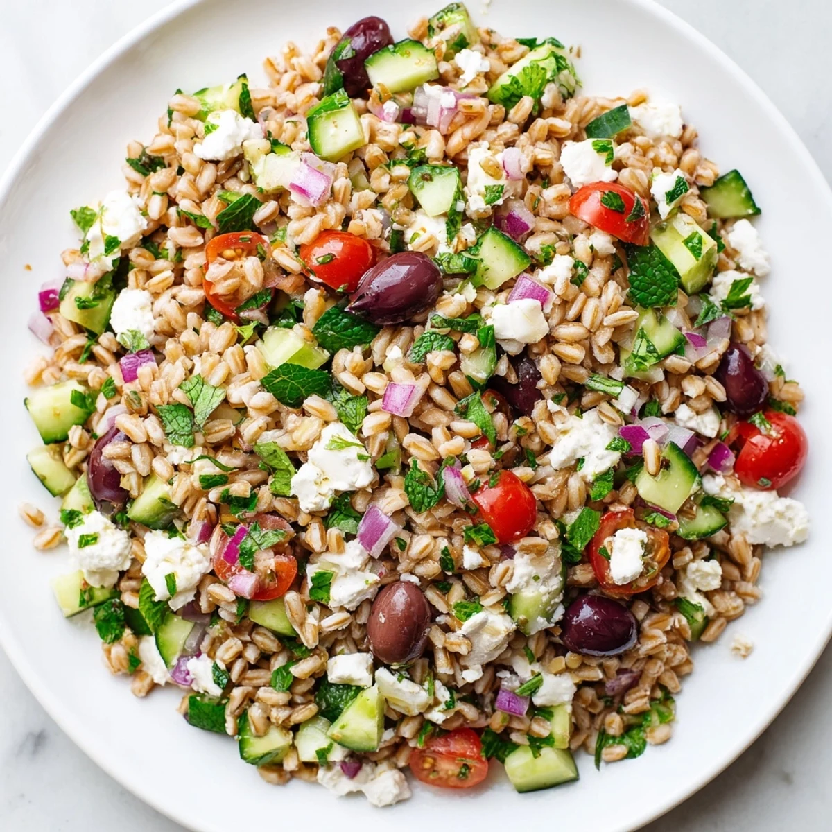 Ready-to-eat Mediterranean Farro Salad with cucumbers and feta, served in a white bowl on a rustic table.