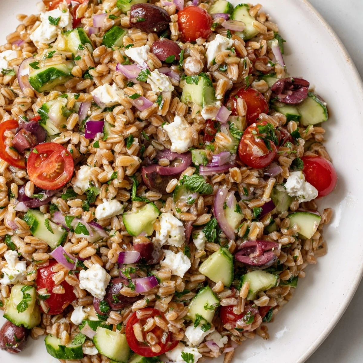 Bright, tangy Mediterranean Farro Salad topped with Kalamata olives and fresh herbs, perfect for a healthy lunch.