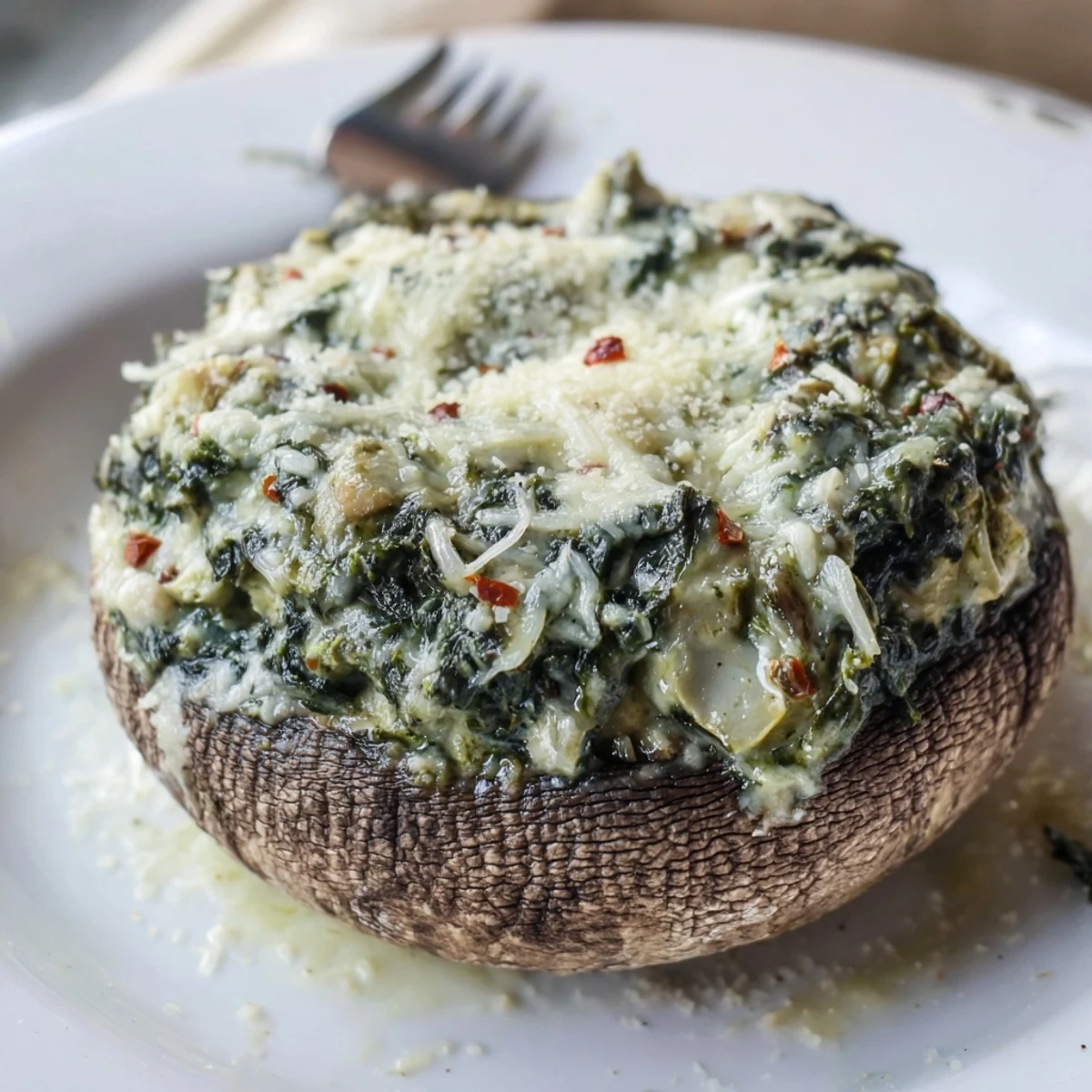 Golden-brown cheesy spinach and artichoke stuffed Portobello mushrooms, baked and served warm.