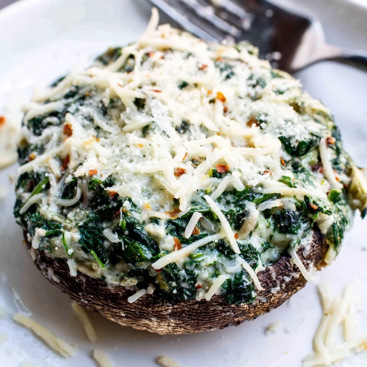 Freshly baked vegetarian Cheesy Spinach and Artichoke Stuffed Portobello Mushrooms on a white plate.