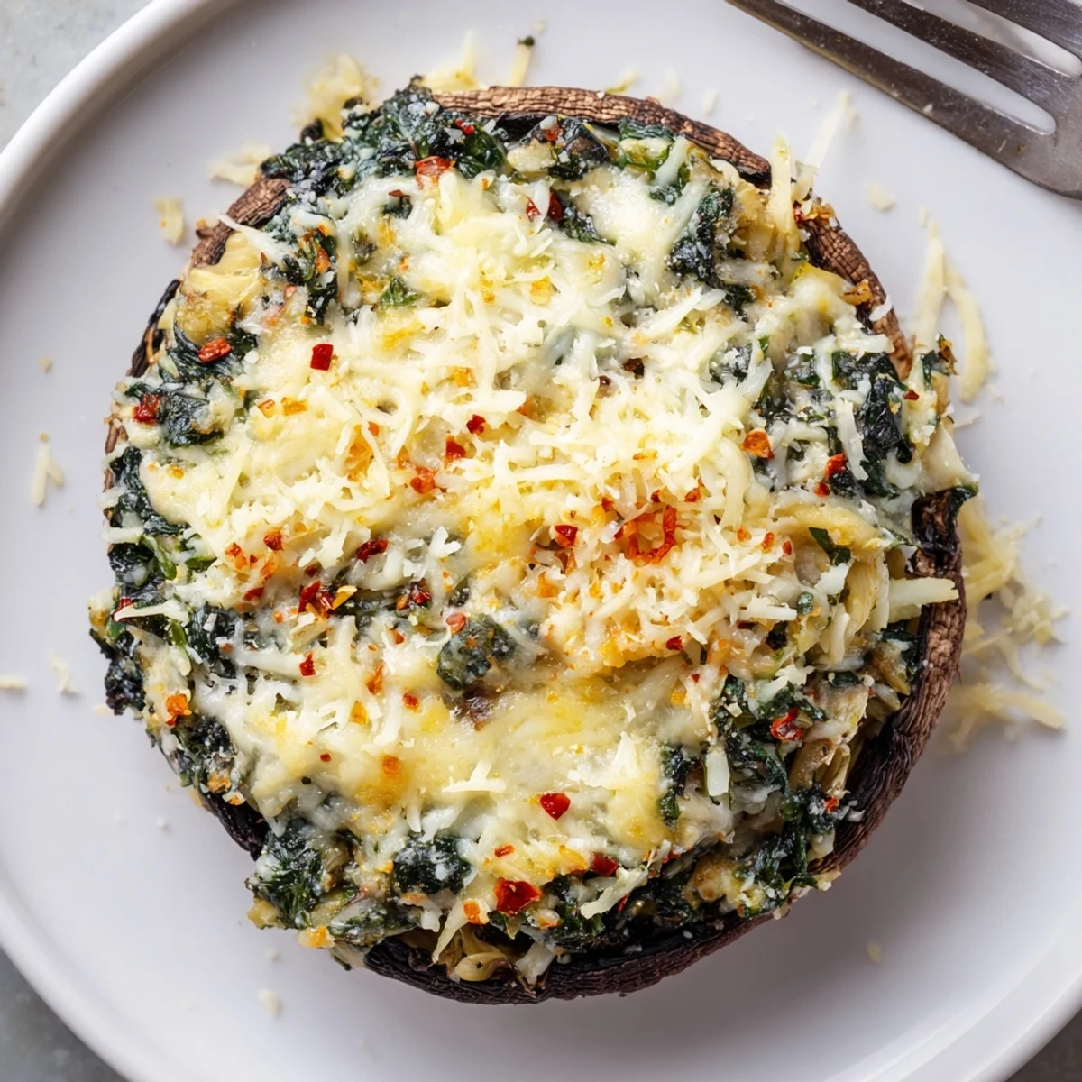 Cheesy spinach and artichoke stuffed Portobello mushrooms with melted golden cheese topping.