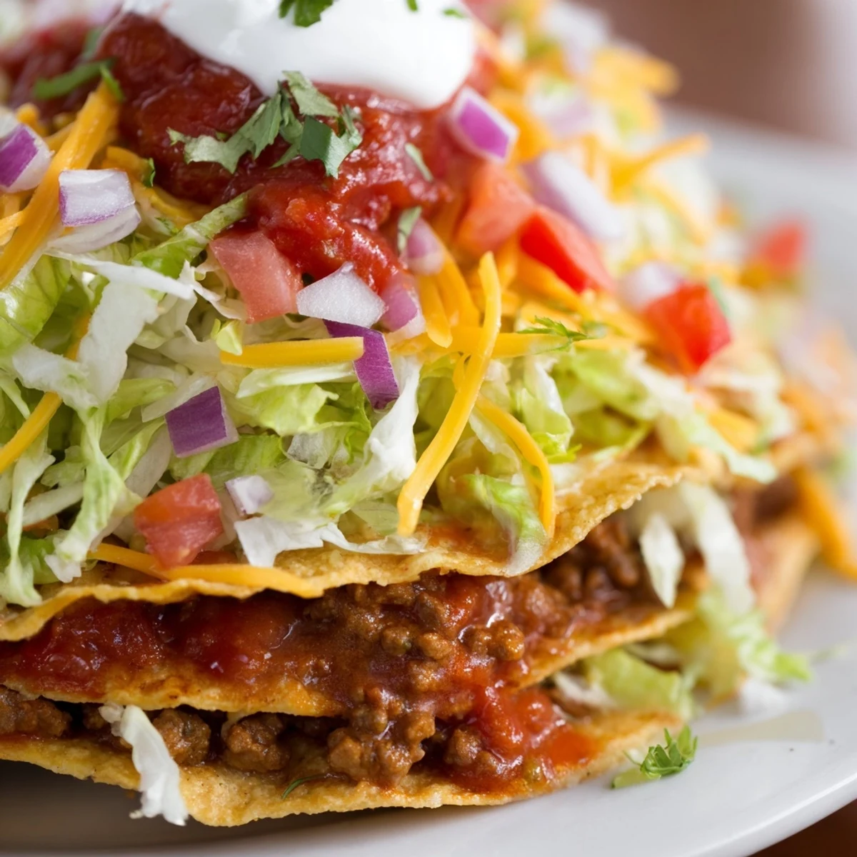 Crispy hard shell Beef Tacos filled with seasoned ground beef, shredded lettuce, and melted cheddar cheese on a bright plate.