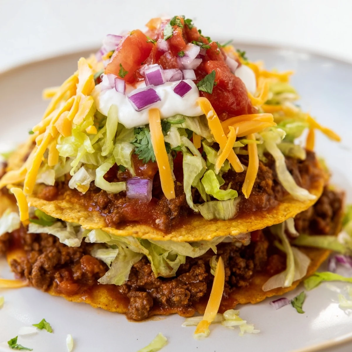 Stack of golden hard shell Beef Tacos packed with savory ground beef, topped with diced tomatoes, onions, and fresh cilantro.