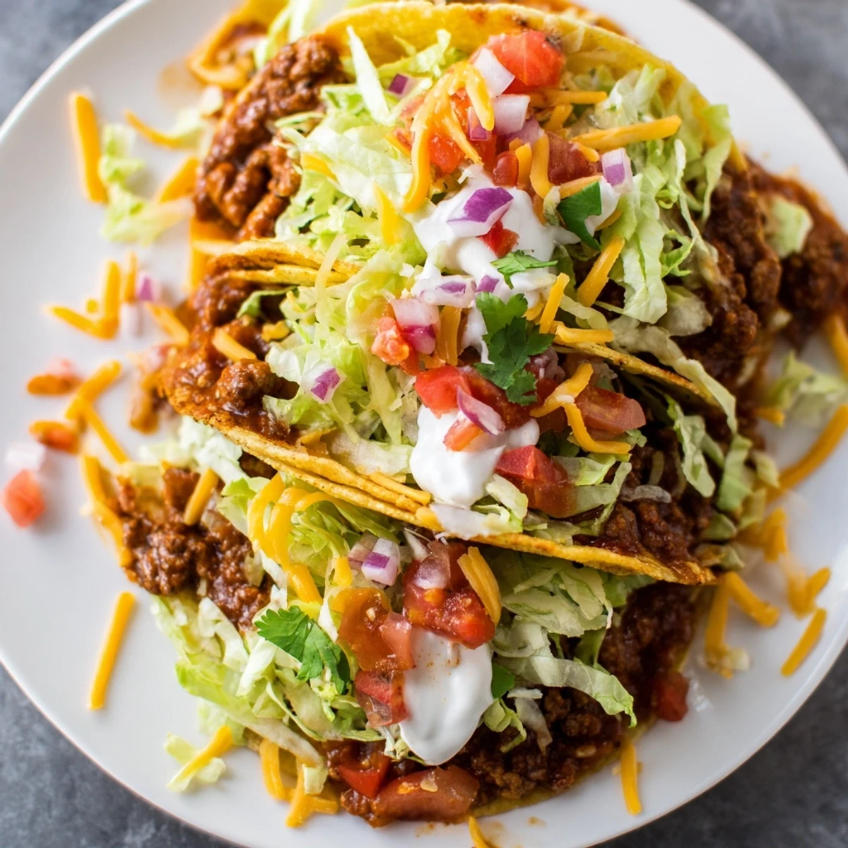 Freshly assembled Beef Tacos with crunchy shells, seasoned beef, sour cream, salsa, and a lime wedge on a festive napkin.
