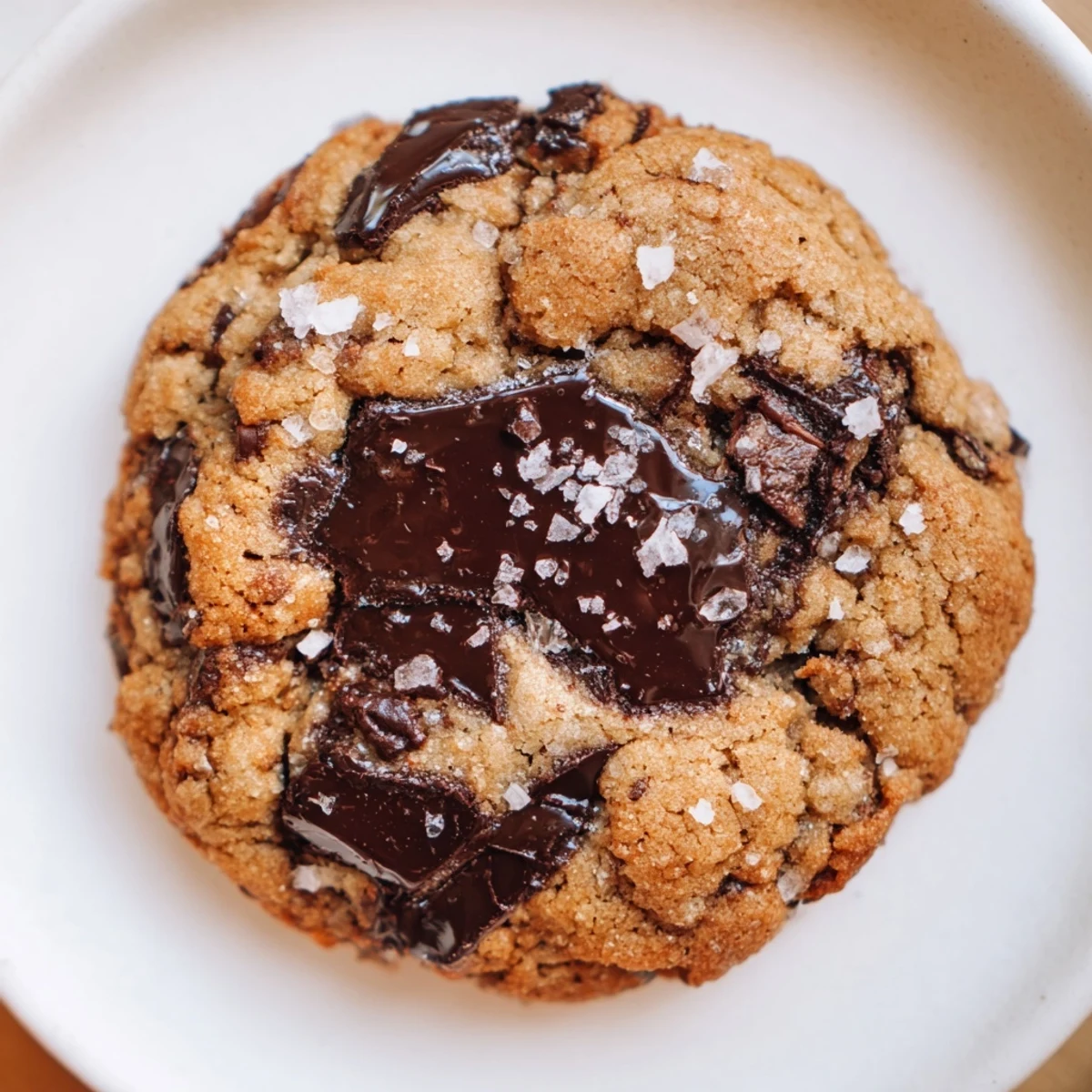 Gooey Chocolate Chip Cookies with Sea Salt Flakes crumbled on a white plate showing a soft interior.