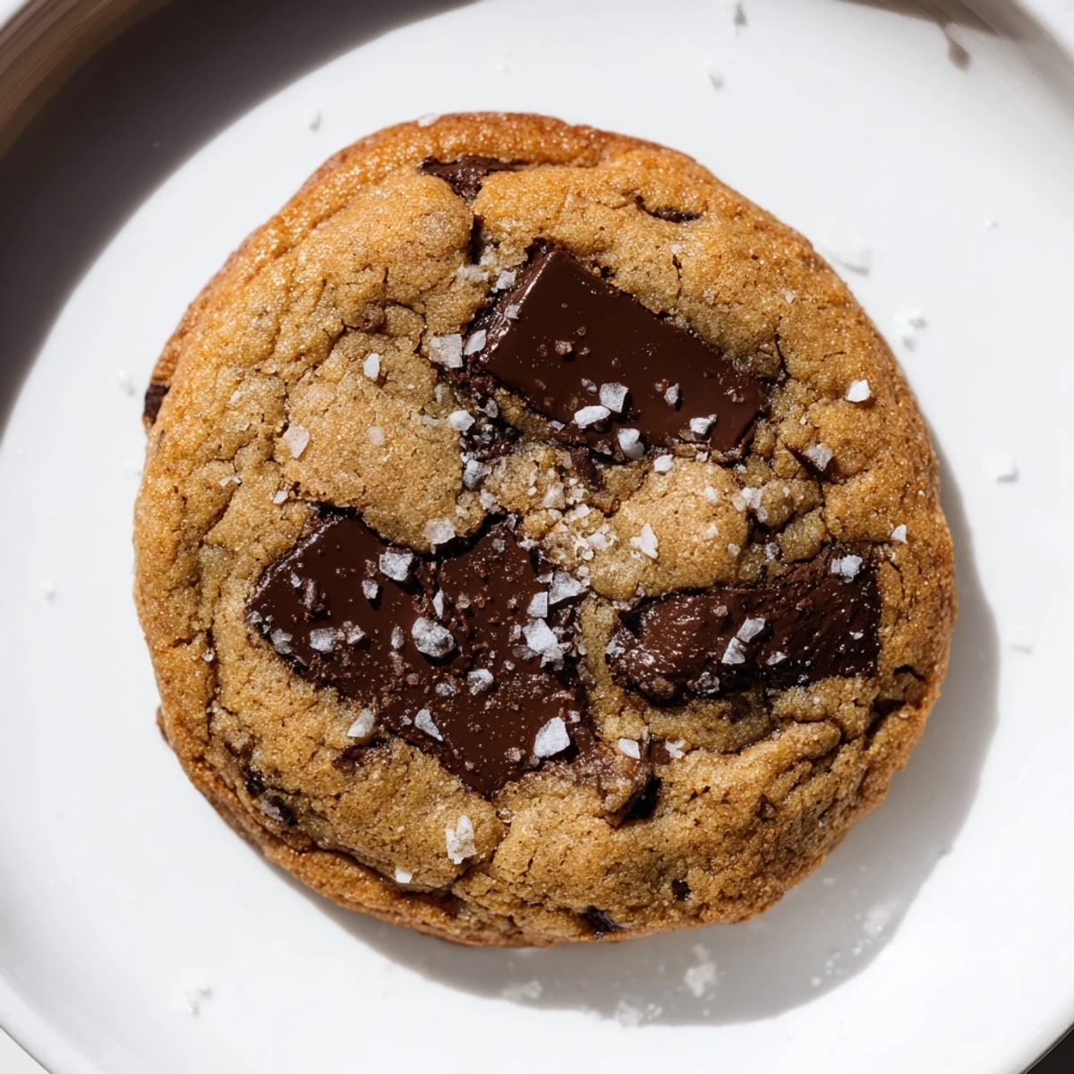 Freshly baked Chocolate Chip Cookies with Sea Salt Flakes on a cooling rack next to a tall glass of milk.