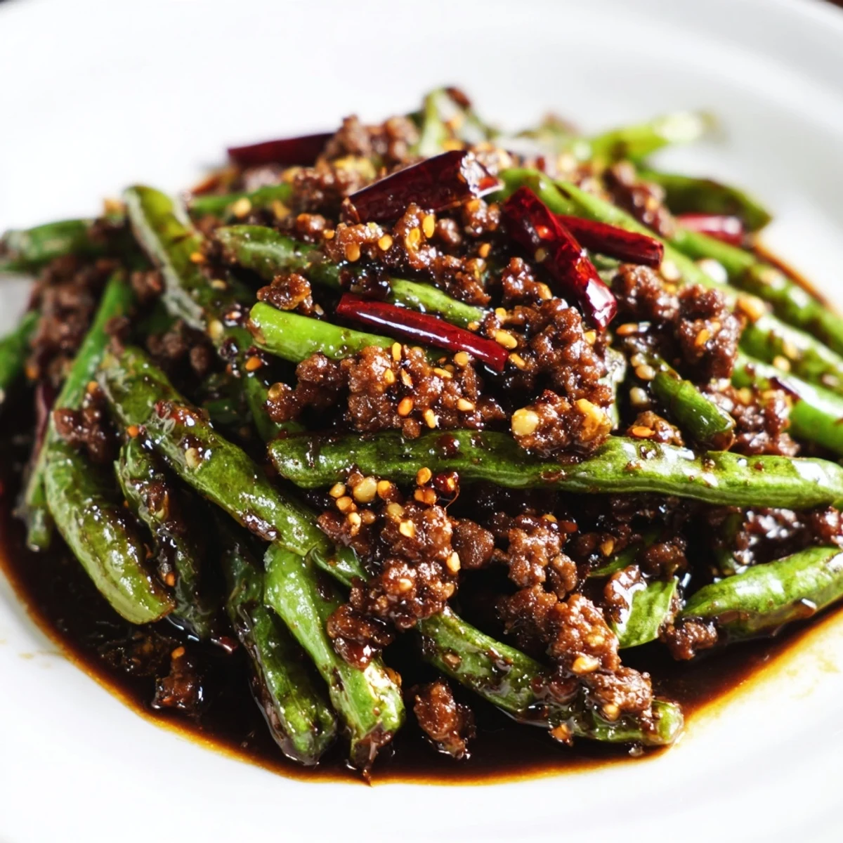 Spicy Szechuan Green Beans with Minced Beef served over fluffy steamed white rice in a white bowl.