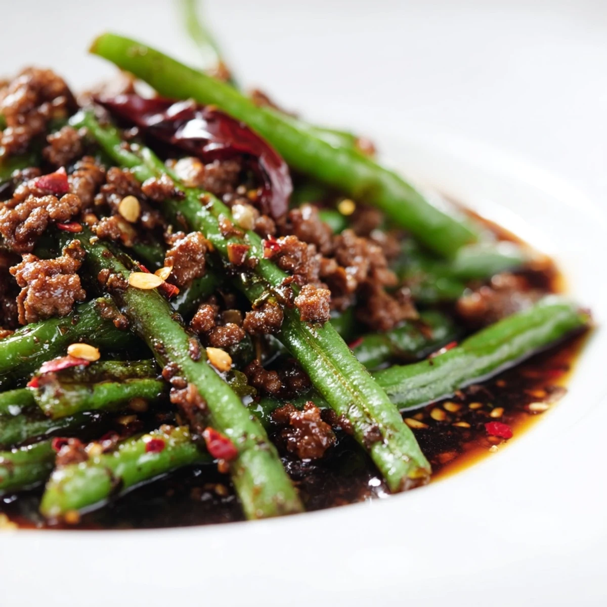 A close-up of blistered green beans and savory minced beef coated in a glossy, spicy Szechuan sauce.