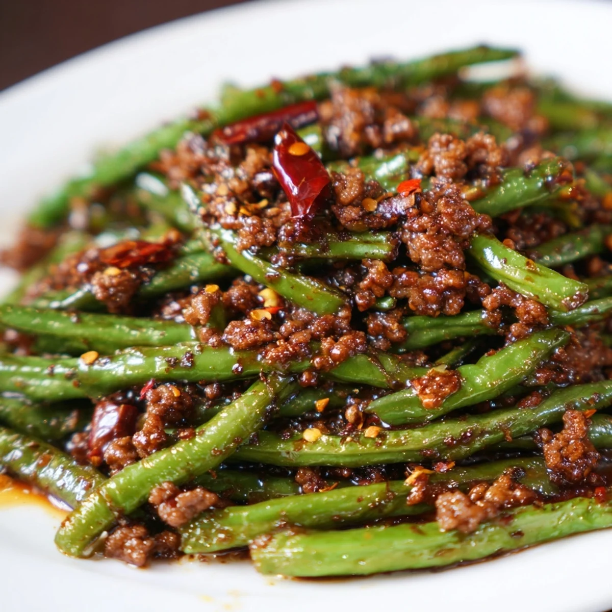 Spicy Szechuan Green Beans with Minced Beef garnished with fresh scallions, ready for a quick weeknight dinner.
