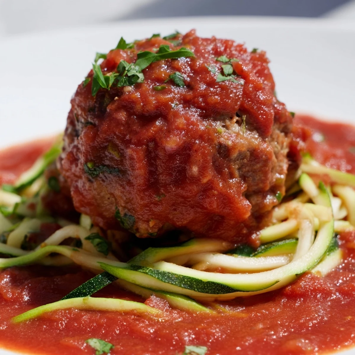 Freshly cooked turkey meatballs with zucchini noodles and marinara are garnished with parsley and Parmesan.