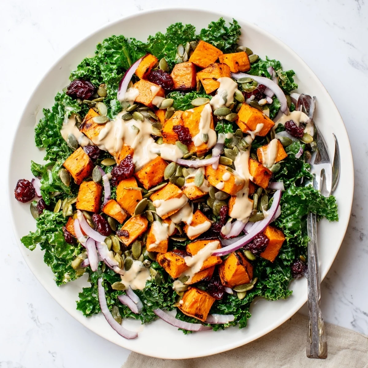 Roasted sweet potatoes and massaged kale tossed in creamy tahini dressing, topped with pepitas and cranberries for a vibrant vegan salad.  