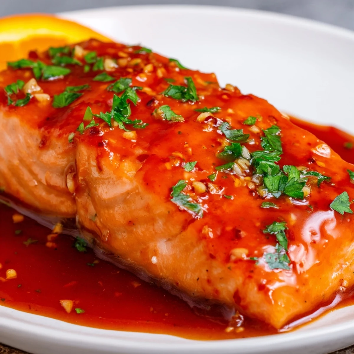 A close-up of tender, flaky salmon coated in a sweet-tart blood orange glaze, perfect for an easy, healthy dinner.