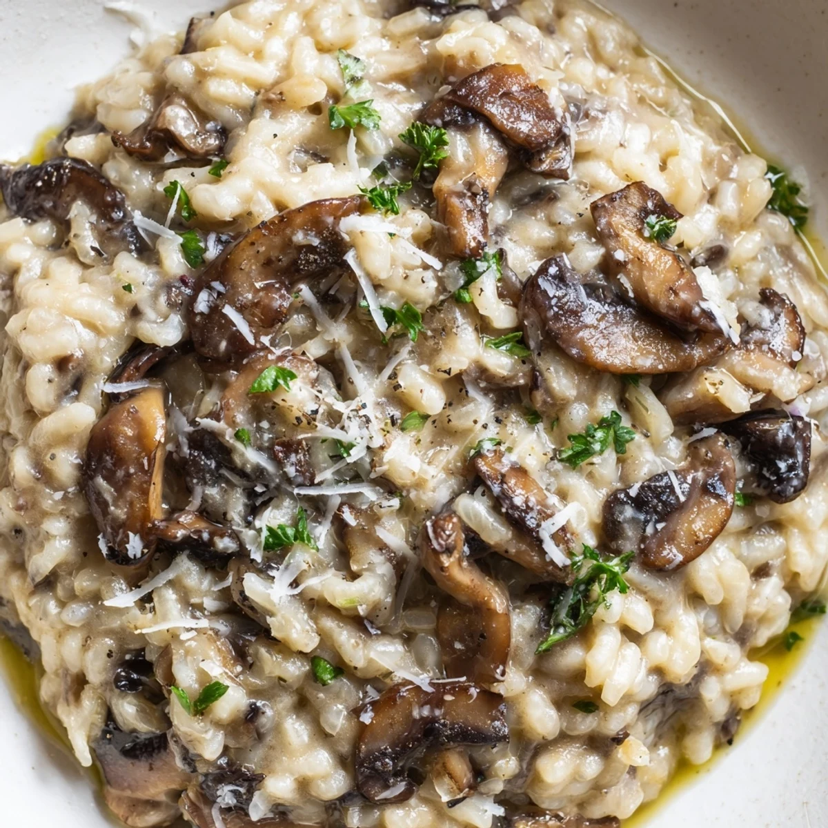A close-up of Creamy Mushroom Risotto with Truffle Oil, glistening with olive oil and topped with fresh parsley.