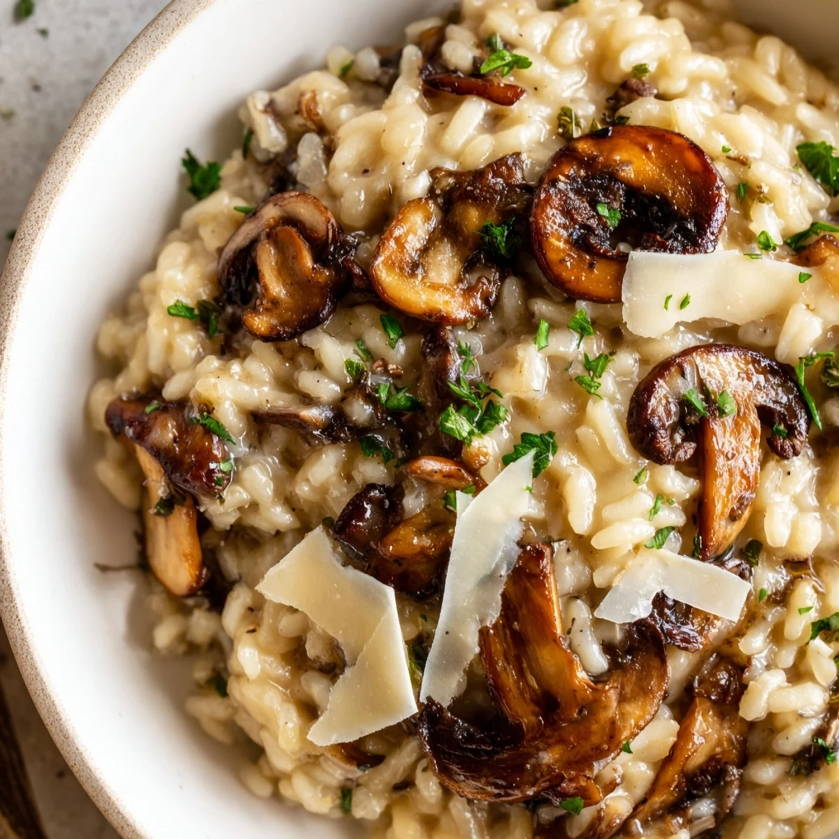 Steaming plate of Creamy Mushroom Risotto with Truffle Oil, featuring tender mushrooms and a light golden parmesan garnish.
