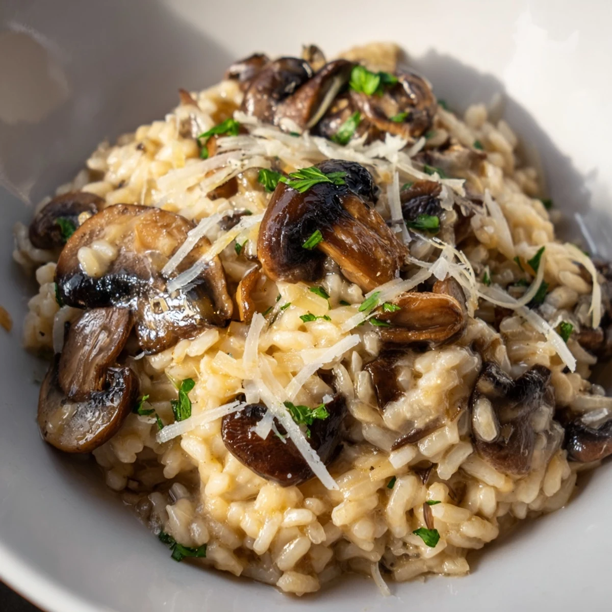 A bowl of Creamy Mushroom Risotto with Truffle Oil, served alongside a crisp green salad for a balanced meal.