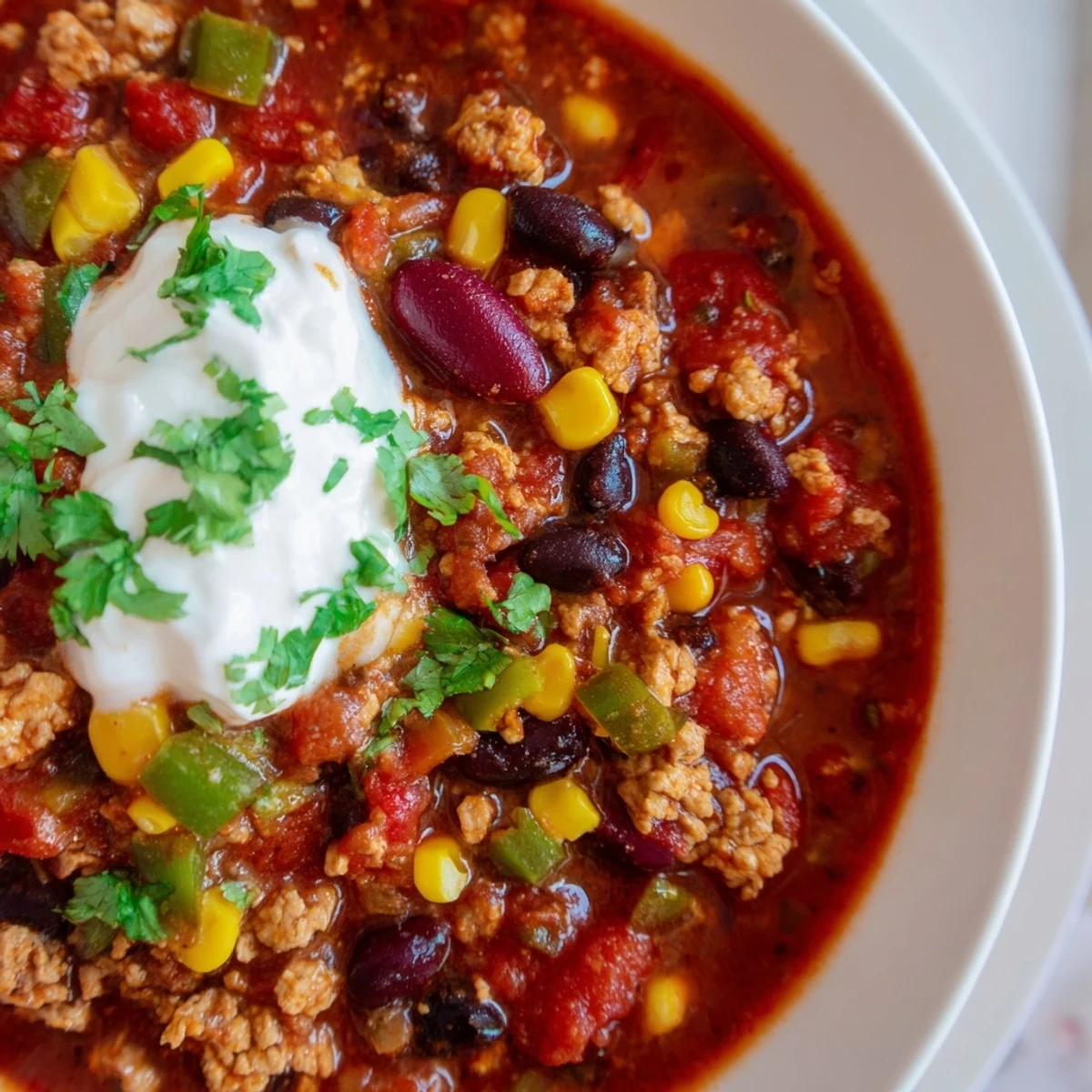 A steaming bowl of Touchdown Turkey Chili with a slice of golden, buttery cornbread and a dollop of sour cream.