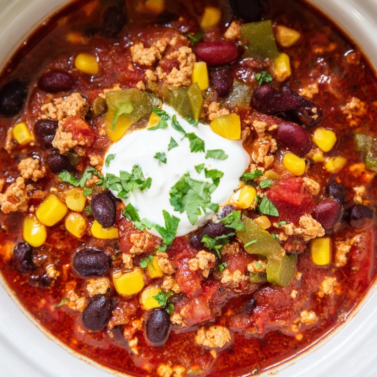 Close-up of hearty Touchdown Turkey Chili brimming with beans, corn, and spices, served beside a warm slice of cornbread.