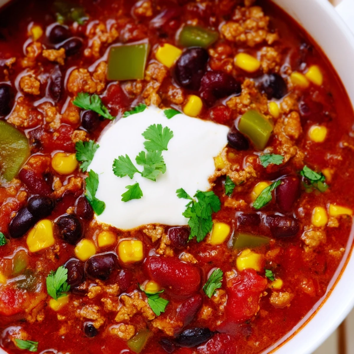 A rustic wooden table showcases Touchdown Turkey Chili in a pot and a freshly baked, crumbly cornbread square.