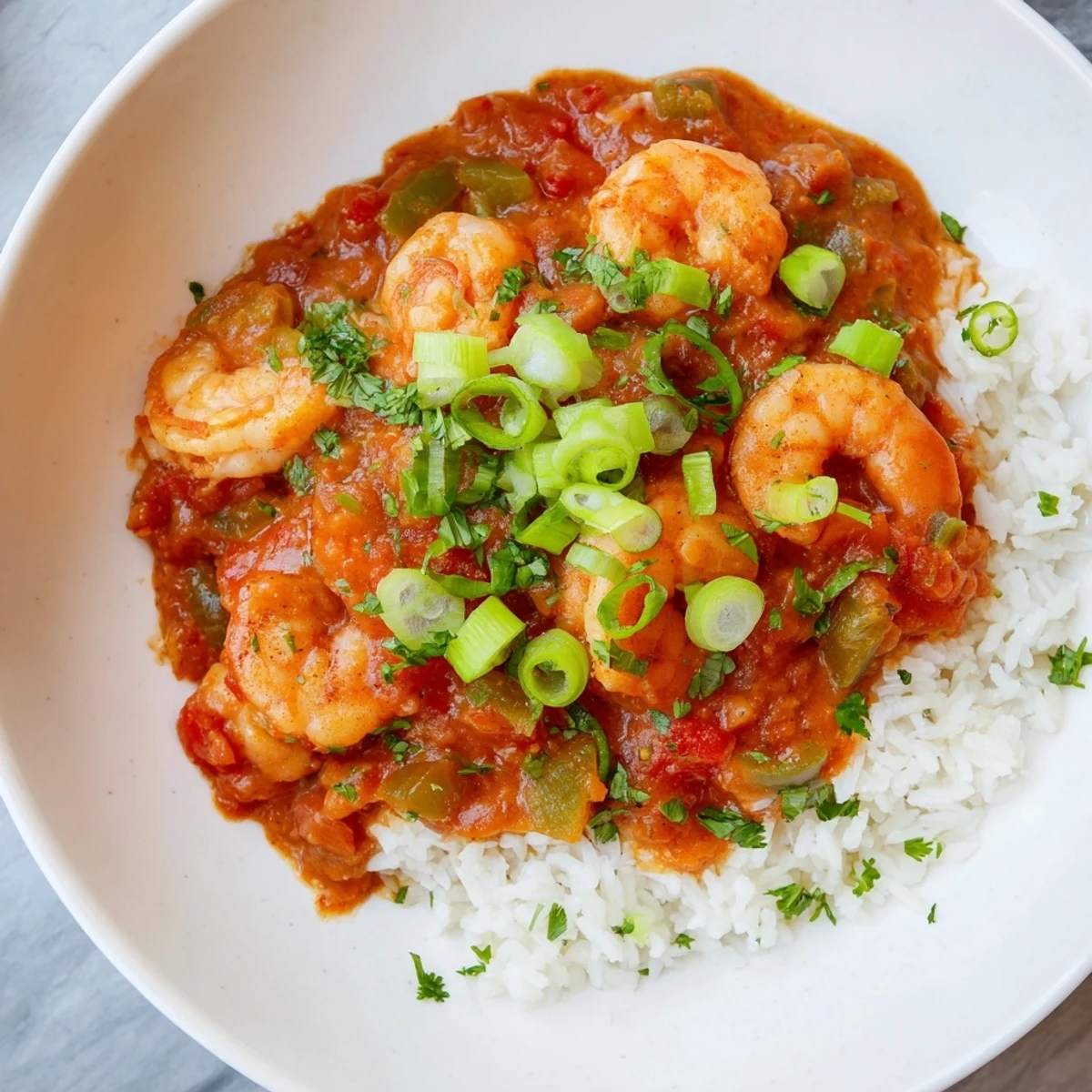 Vibrant New Orleans Shrimp Creole served in a rustic bowl, garnished with fresh parsley and green onions alongside steamed white rice.  