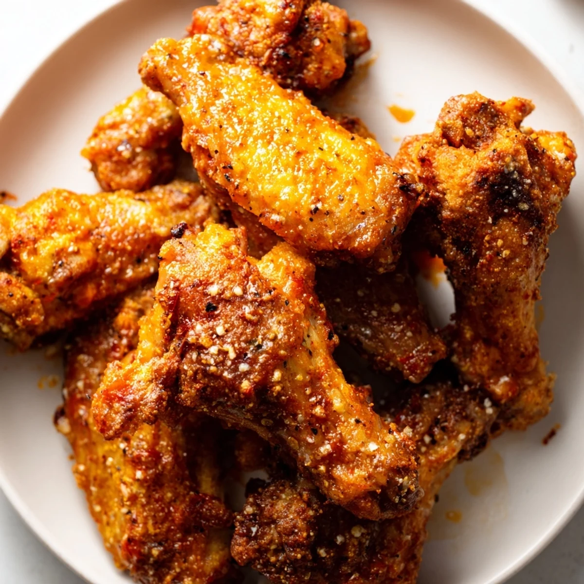 Golden crispy Game Day Crispy Oven Baked Chicken Wings fresh from the oven on a wire rack, steaming hot.