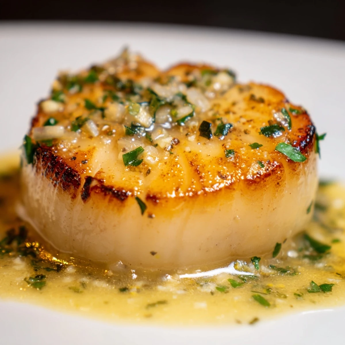 Golden-brown seared scallops glistening with lemon butter sauce, garnished with fresh parsley and lemon wedges.
