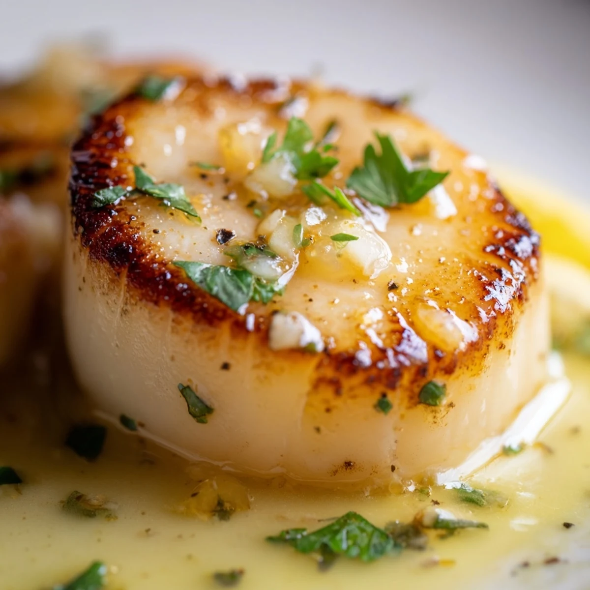 A close-up of tender Date Night Seared Scallops with Lemon Butter on a plate, ready for a romantic dinner.