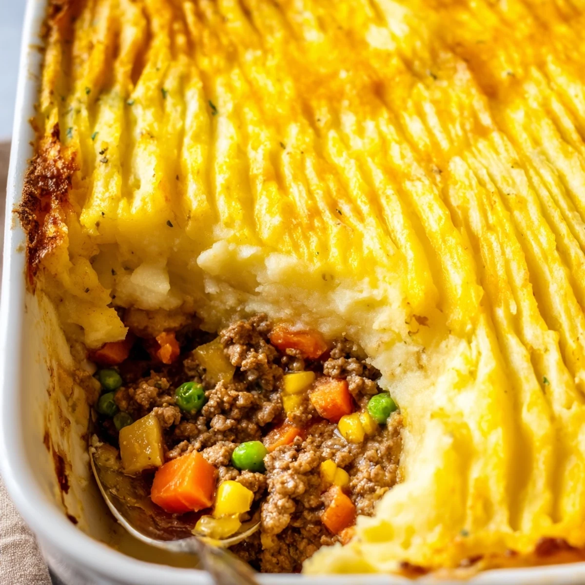 Fresh thyme and rosemary scent the steaming lamb filling beneath creamy cheddar mashed potatoes in this classic Irish dish.