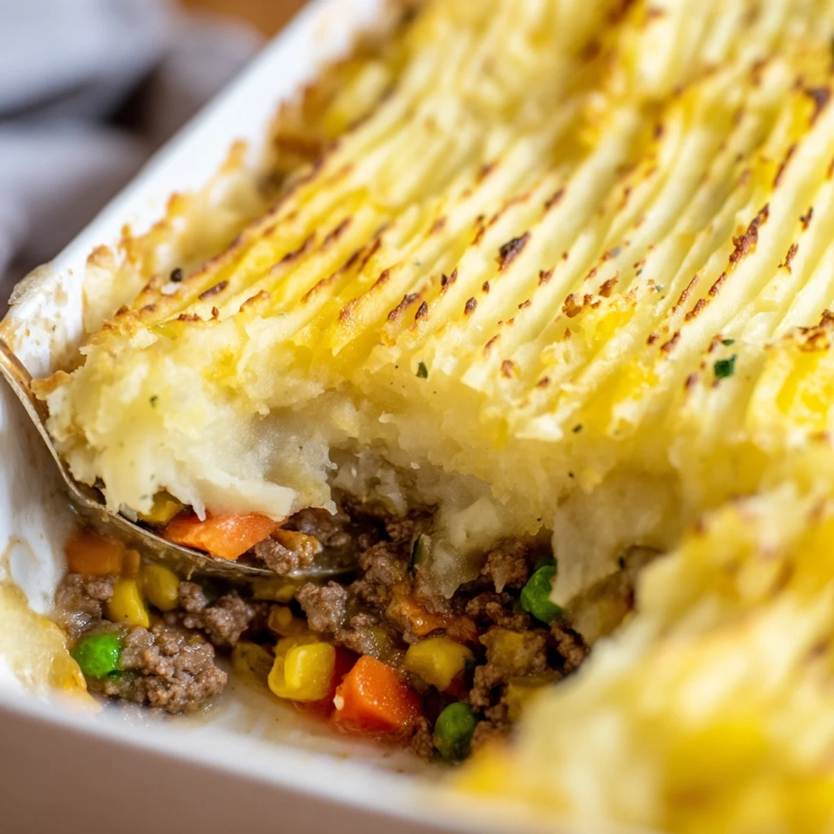A fork-textured, golden-brown top crowns the bubbling Emerald Isle Shepherd Pie, ready to serve with a rustic wooden spoon nearby.